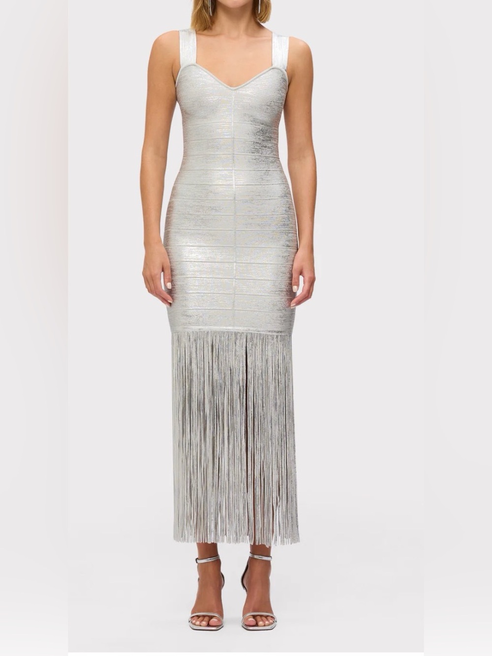 Herve Leger THE METALLIC ALBA GOWN Silver Foil NWT
